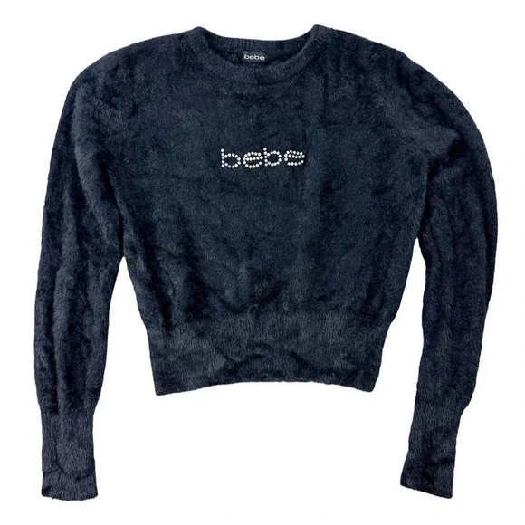 Y2K bebe Fuzzy Sweater womens size Medium Large Jet Black Semi Crop 90s - Picture 1 of 16